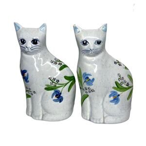Vintage NS Gustin Ceramic Hand Painted Decorative Floral Cat Set Of 2